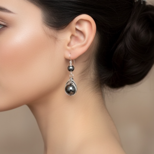 Hematit Doğal Taş Gümüş Tel Sarma Küpe