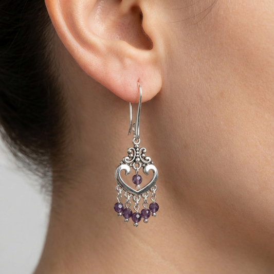 Ametist Doğal Taş Retro Etnik Gümüş Kaplama Küpe