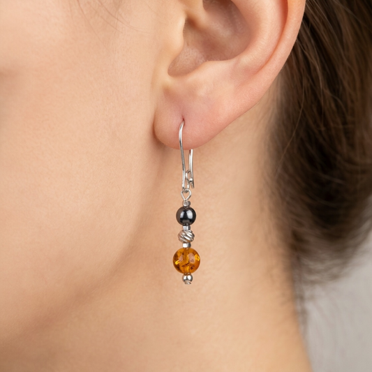 Hematit & Kehribar Doğal Taş Küpe