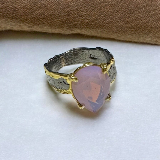 Rose Quartz Damla 925 Ayar Gümüş El Yapımı Özel Tasarım Yüzük