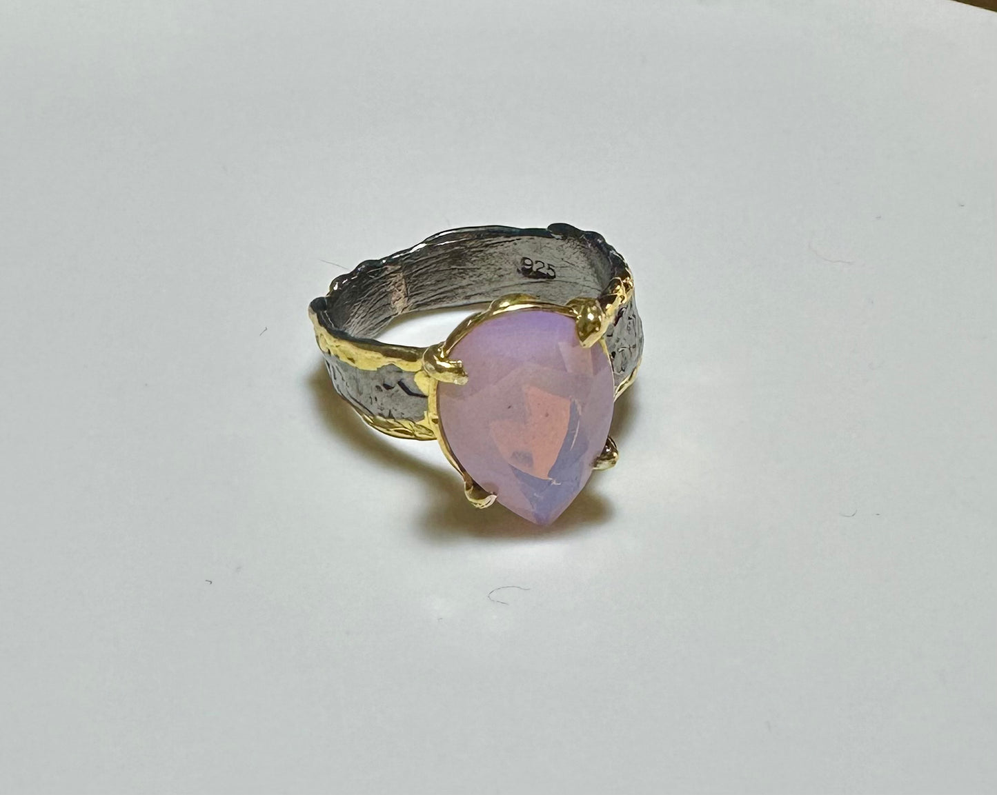 Rose Quartz Damla 925 Ayar Gümüş El Yapımı Özel Tasarım Yüzük