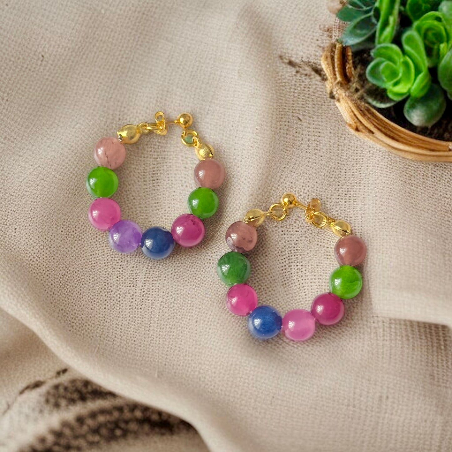 Renkli Ceyt Taşlı Altın Yaldız Kaplama Gümüş Küpe