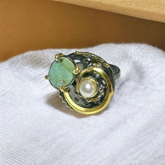 Turkuaz & İnci 925 Ayar Gümüş El Yapımı Özel Tasarım Yüzük