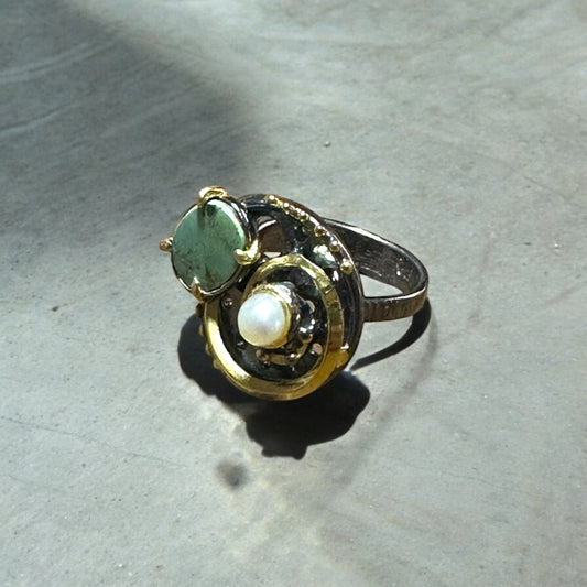 Turkuaz & İnci 925 Ayar Gümüş El Yapımı Özel Tasarım Yüzük