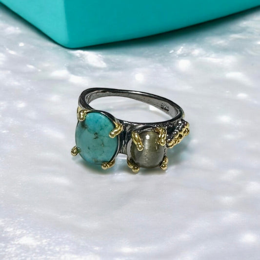 Turkuaz & Labradorit 925 Ayar Gümüş El Yapımı Özel Tasarım Yüzük