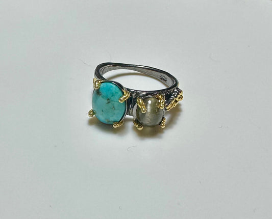 Turkuaz & Labradorit 925 Ayar Gümüş El Yapımı Özel Tasarım Yüzük