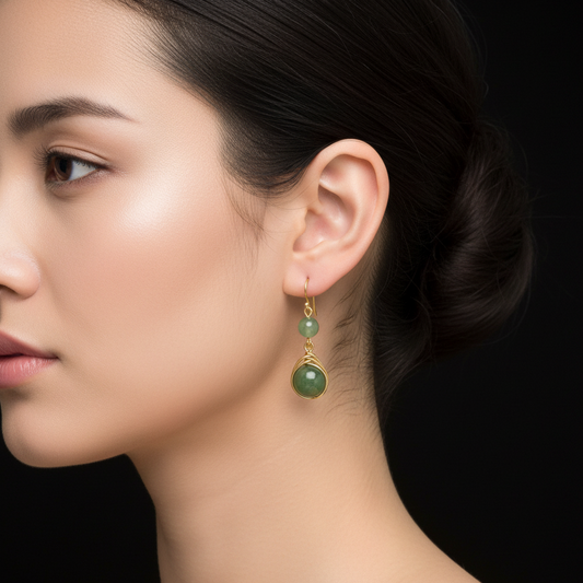 Aventurin Doğal Taş Tel Sarma Gümüş Altın Yaldız Kaplama Küpe