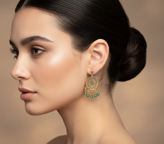 Altın Yaldız Kaplama Retro Etnik Yeşil Akik Doğal Taş Küpe