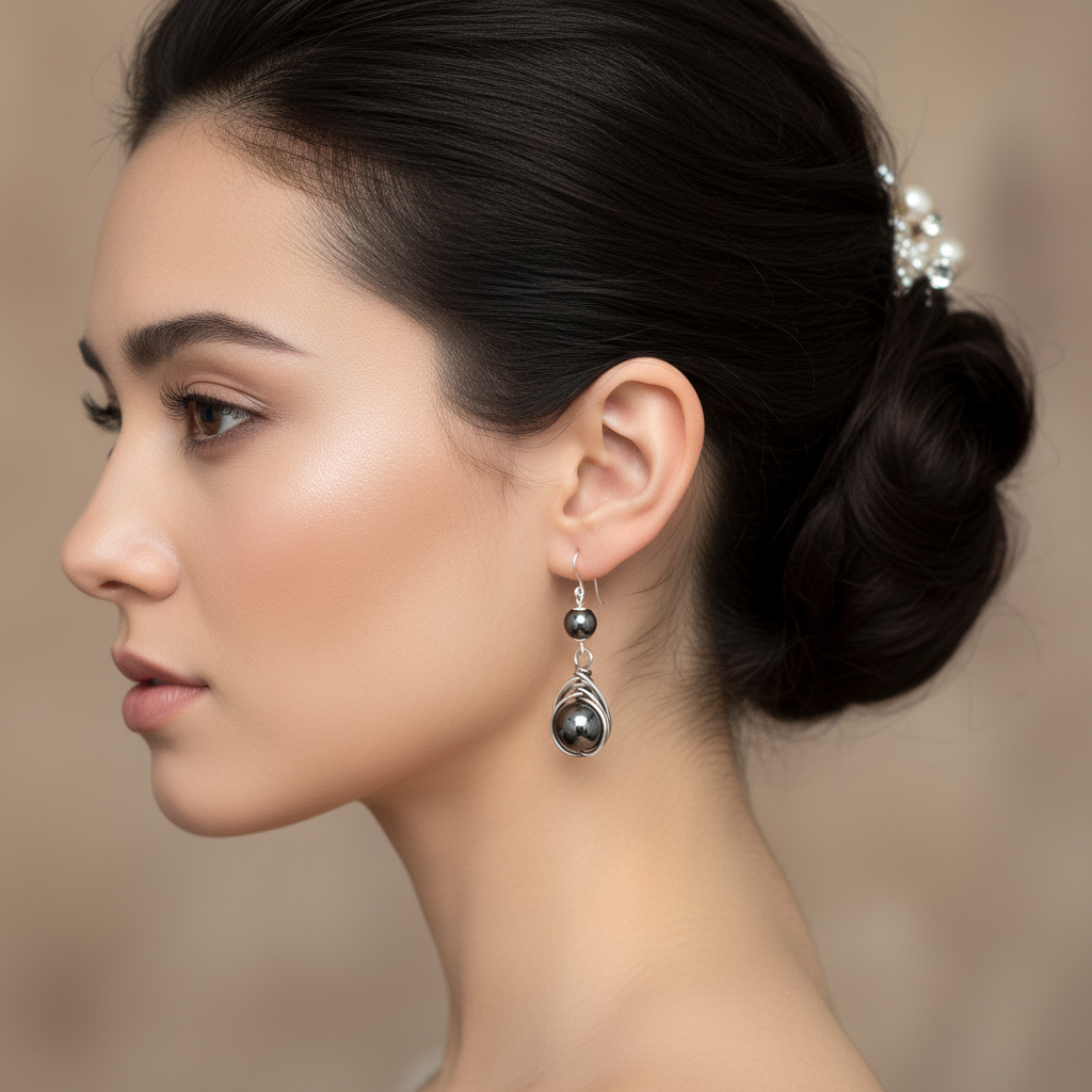 Hematit Doğal Taş Gümüş Tel Sarma Küpe