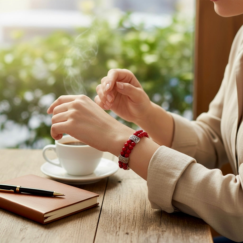 Kırmızı Mercan Dizi Doğal Taş Gümüş Kaplama Bileklik