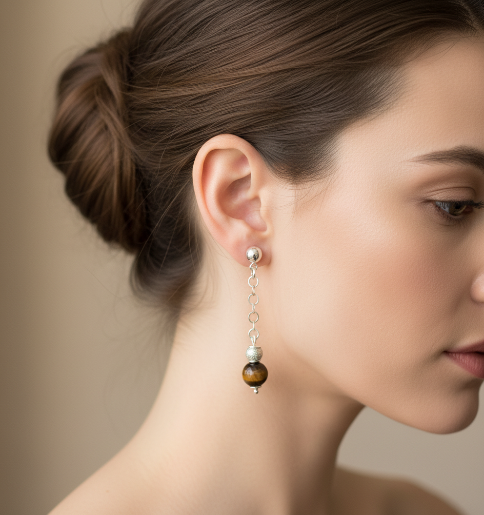 925 Ayar Gümüş Kaplan Gözü Doğal Taş Detaylı El Yapımı Küpe