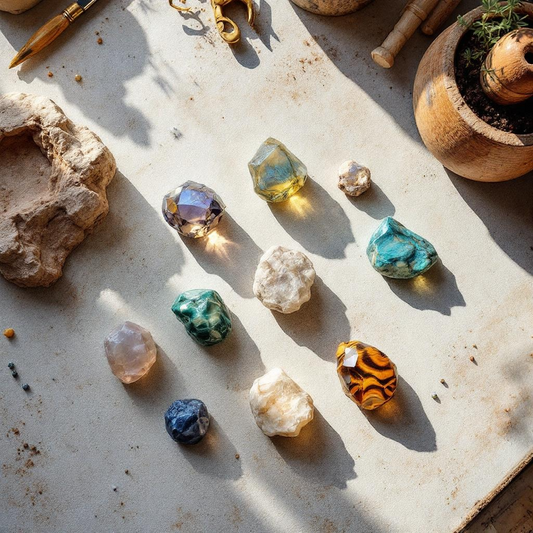 “Doğal taş koleksiyonu — ametist, sitrin, akuamarin, malakit, kaplan gözü ve kuvars çeşitlerinin gün ışığında detaylı görünümü. El yapımı takı tasarımı için ham ve cilalı doğal taşlar, bohem takı atölyesi arka planında estetik şekilde sergileniyor.”