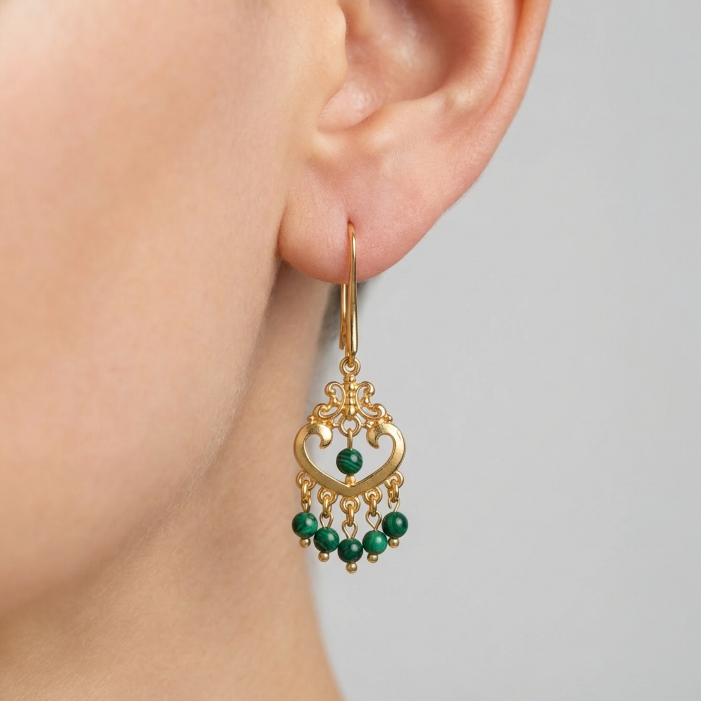 Malahit Taşlı Etnik Retro Küpe – 18K Altın Yaldız Kaplama El Yapımı Tasarım