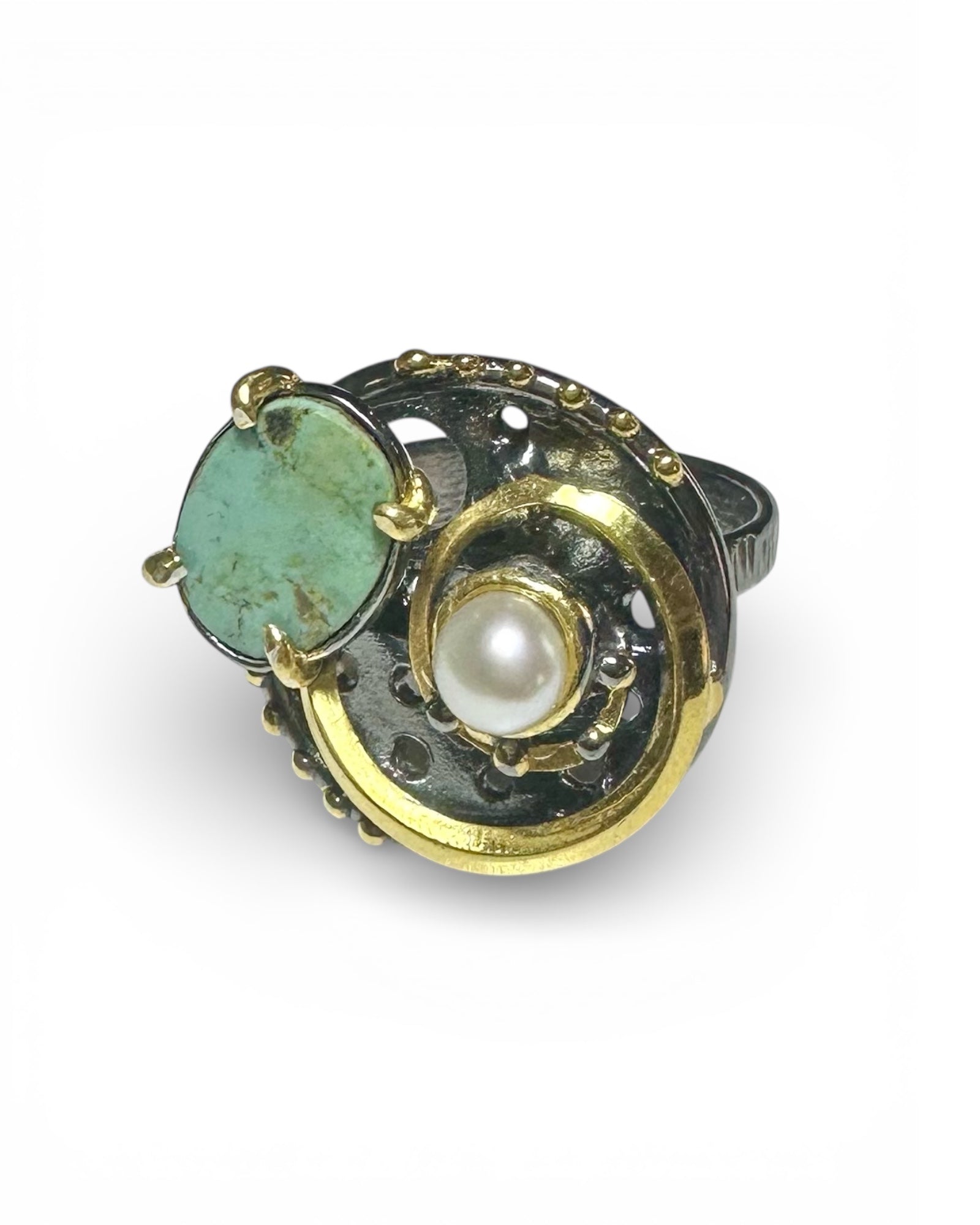 Turkuaz & İnci 925 Ayar Gümüş El Yapımı Özel Tasarım Yüzük