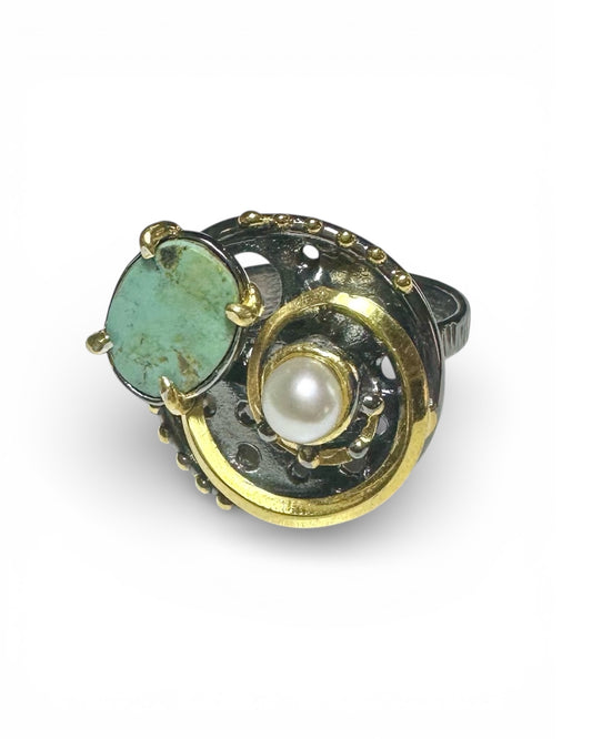 Turkuaz & İnci 925 Ayar Gümüş El Yapımı Özel Tasarım Yüzük