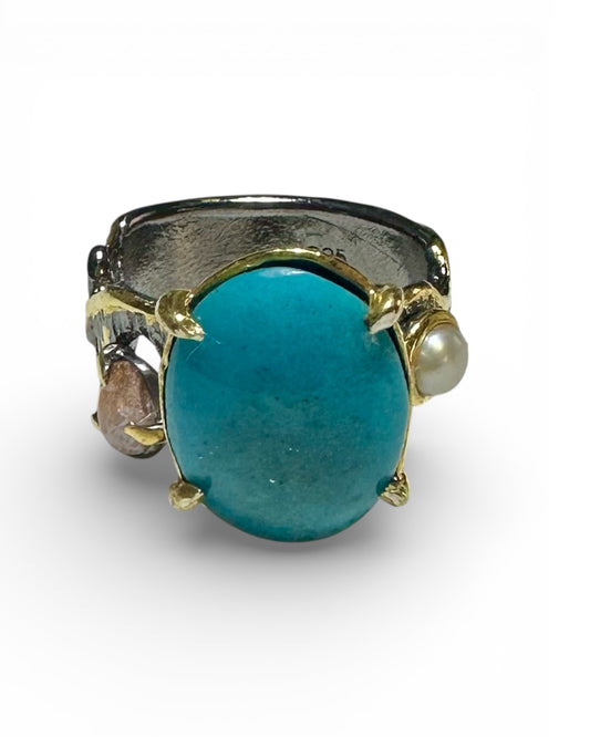 Turkuaz Oval 925 Ayar Gümüş El Yapımı Özel Tasarım Yüzük