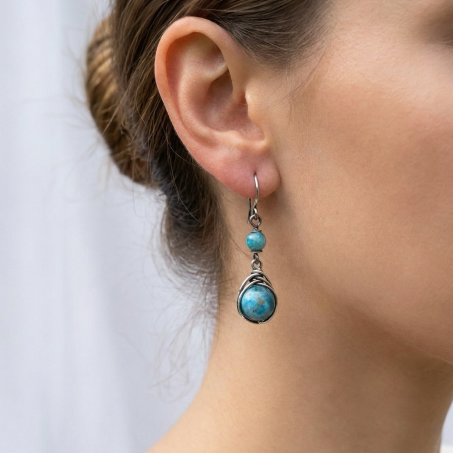 Apatit Doğal Taş Gümüş Tel Sarma Küpe