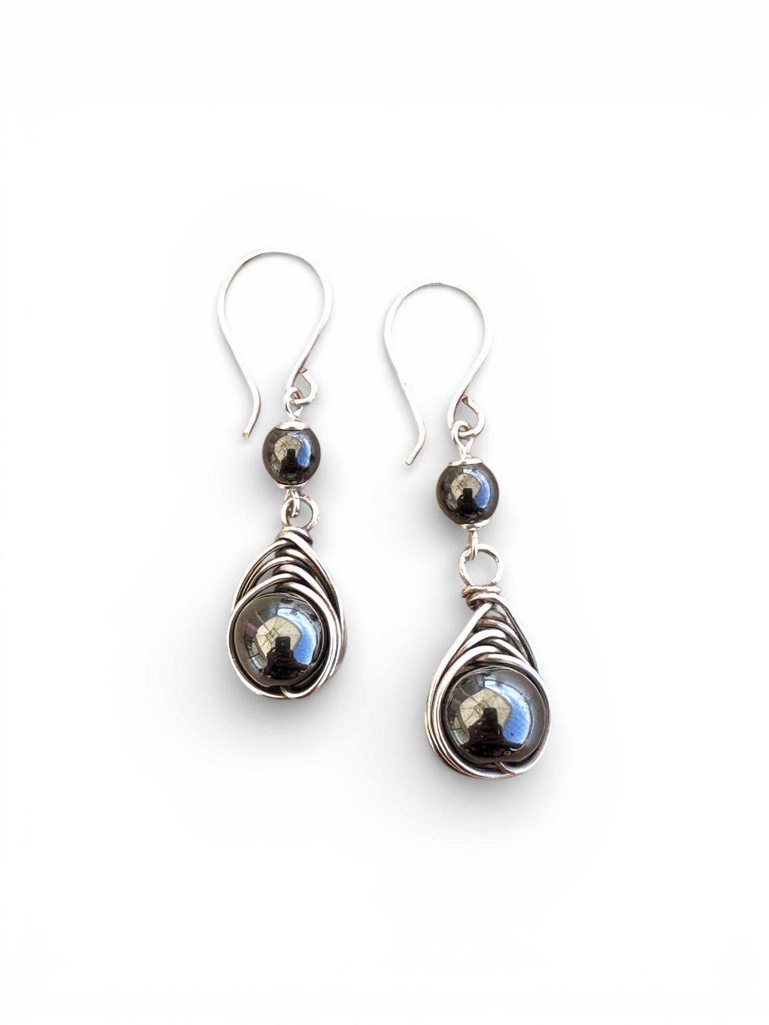 Hematit Doğal Taş Gümüş Tel Sarma Küpe