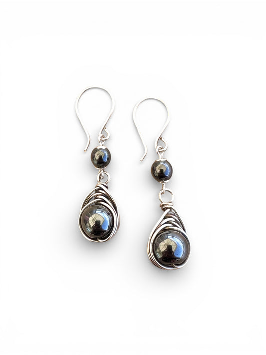 Hematit Doğal Taş Gümüş Tel Sarma Küpe