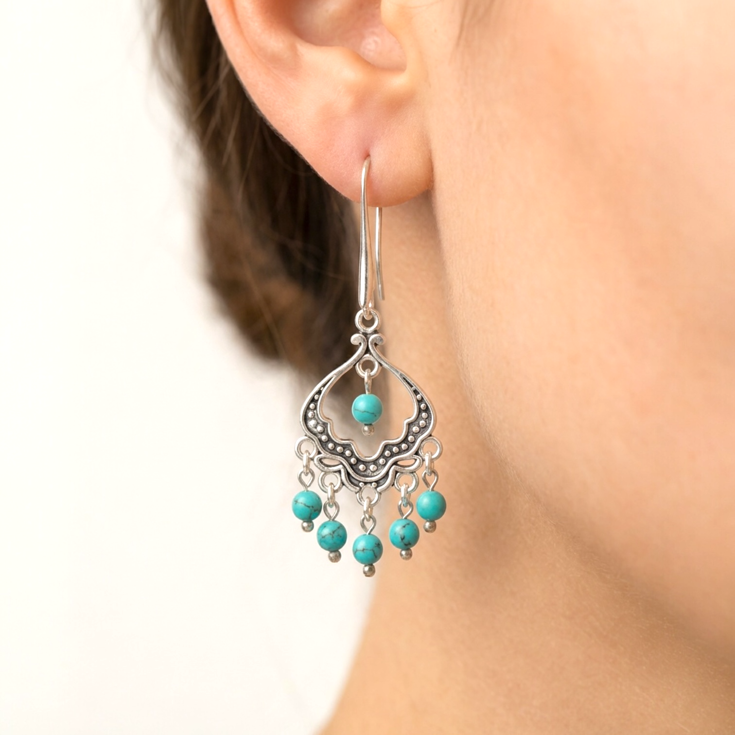 Turkuaz Doğal Taş Retro Etnik Gümüş Kaplama Küpe