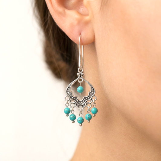 Turkuaz Doğal Taş Retro Etnik Gümüş Kaplama Küpe