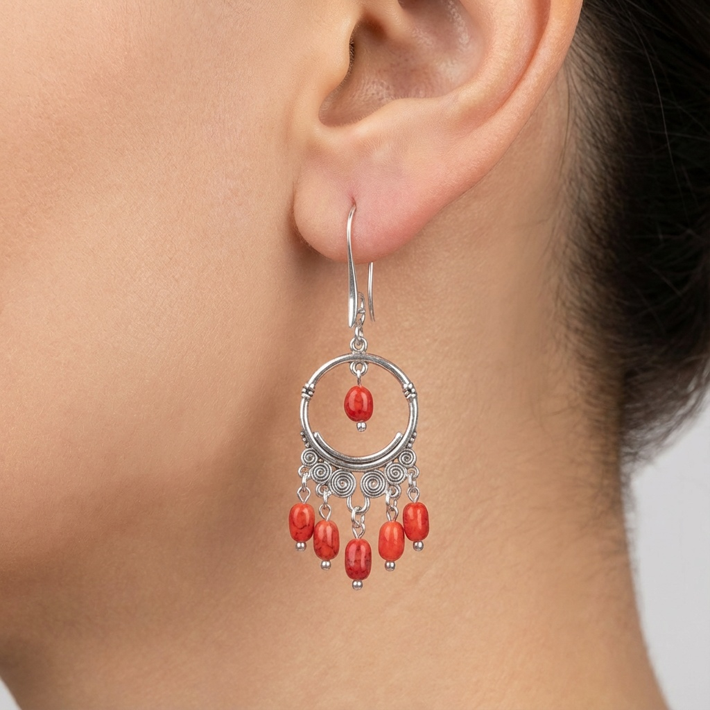 Kırmızı Mercan Doğal Taş Retro Etnik Küpe