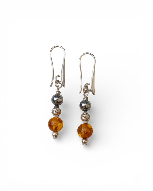 Hematit & Kehribar Doğal Taş Küpe