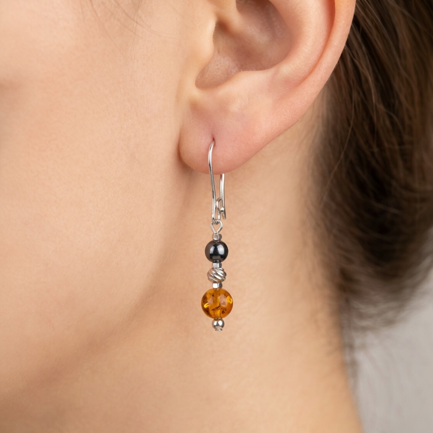 Hematit & Kehribar Doğal Taş Küpe