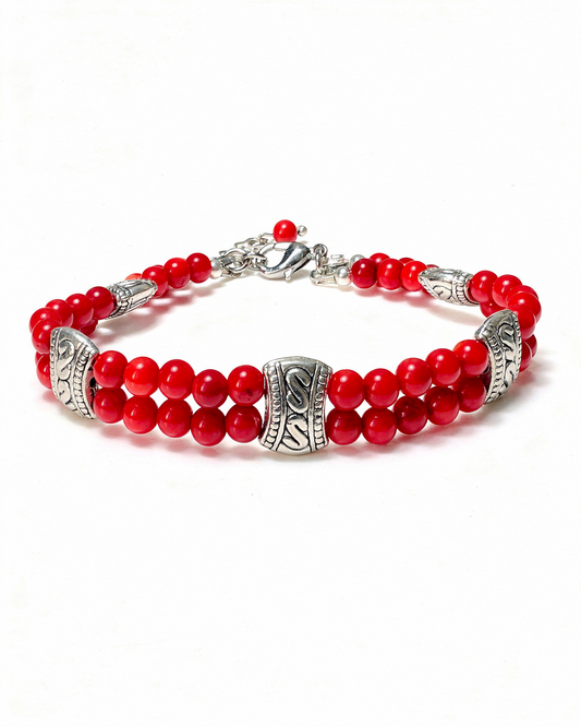 Kırmızı Mercan Dizi Doğal Taş Gümüş Kaplama Bileklik