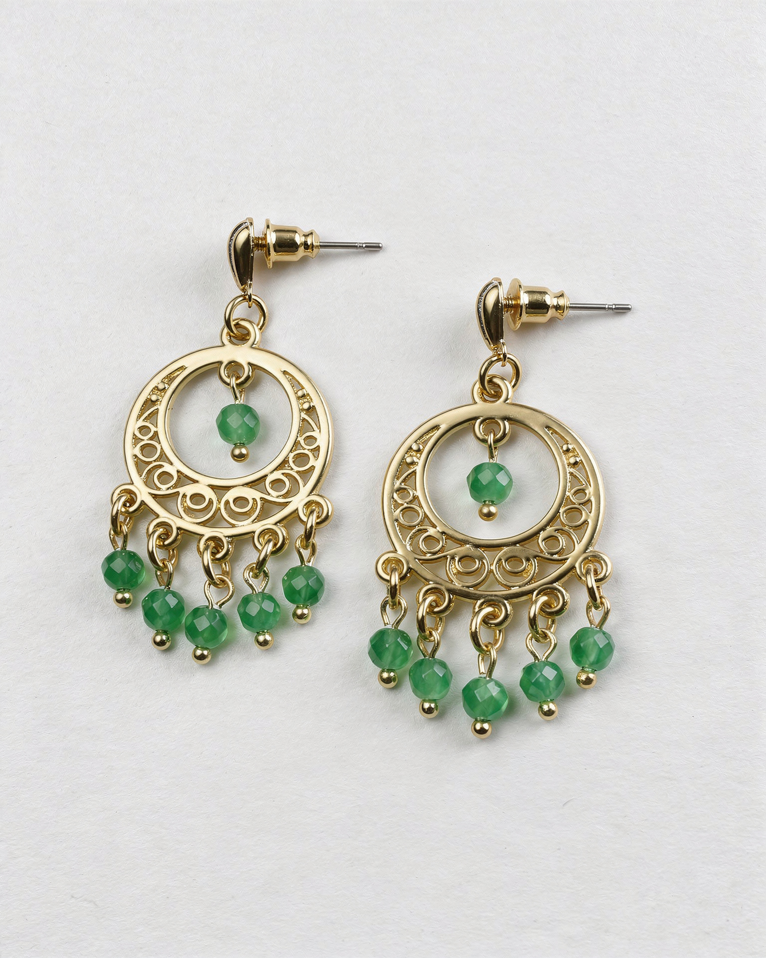 Yeşil Akik Doğal Taş Küpe Altın Yaldız Kaplama Retro Etnik