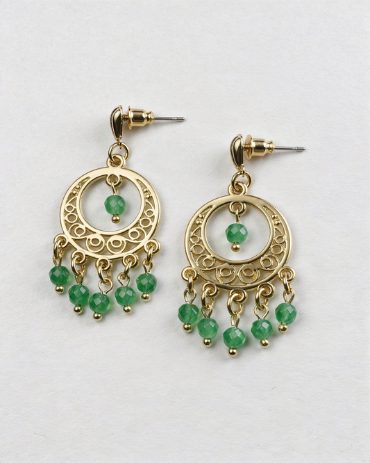 Yeşil Akik Doğal Taş Küpe Altın Yaldız Kaplama Retro Etnik