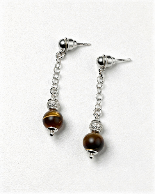 Kaplan Gözü Doğal Taş 925 Ayar Gümüş Detaylı El Yapımı Küpe