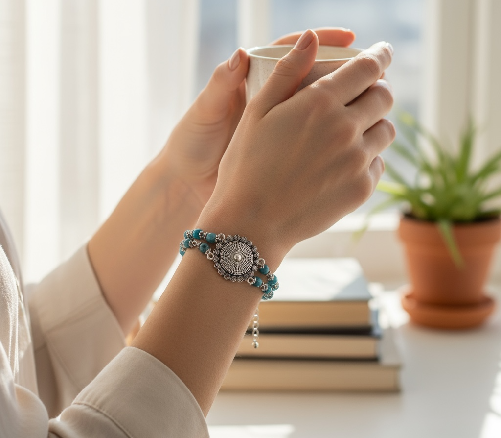 Apatit Doğal Taş Gümüş Kaplama Etnik Bileklik