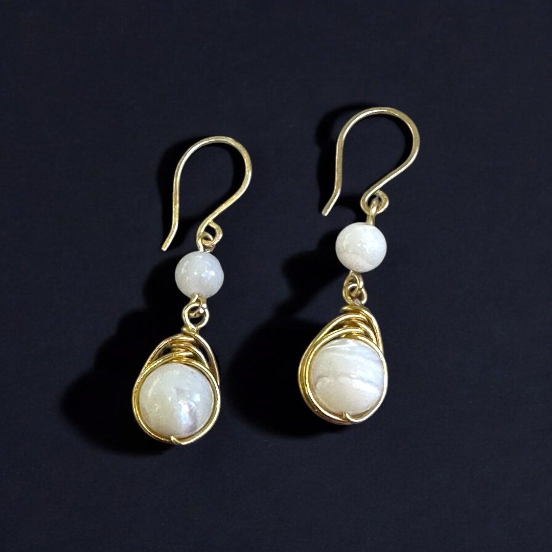 Sedef Doğal Taş Gümüş Tel Sarma Küpe