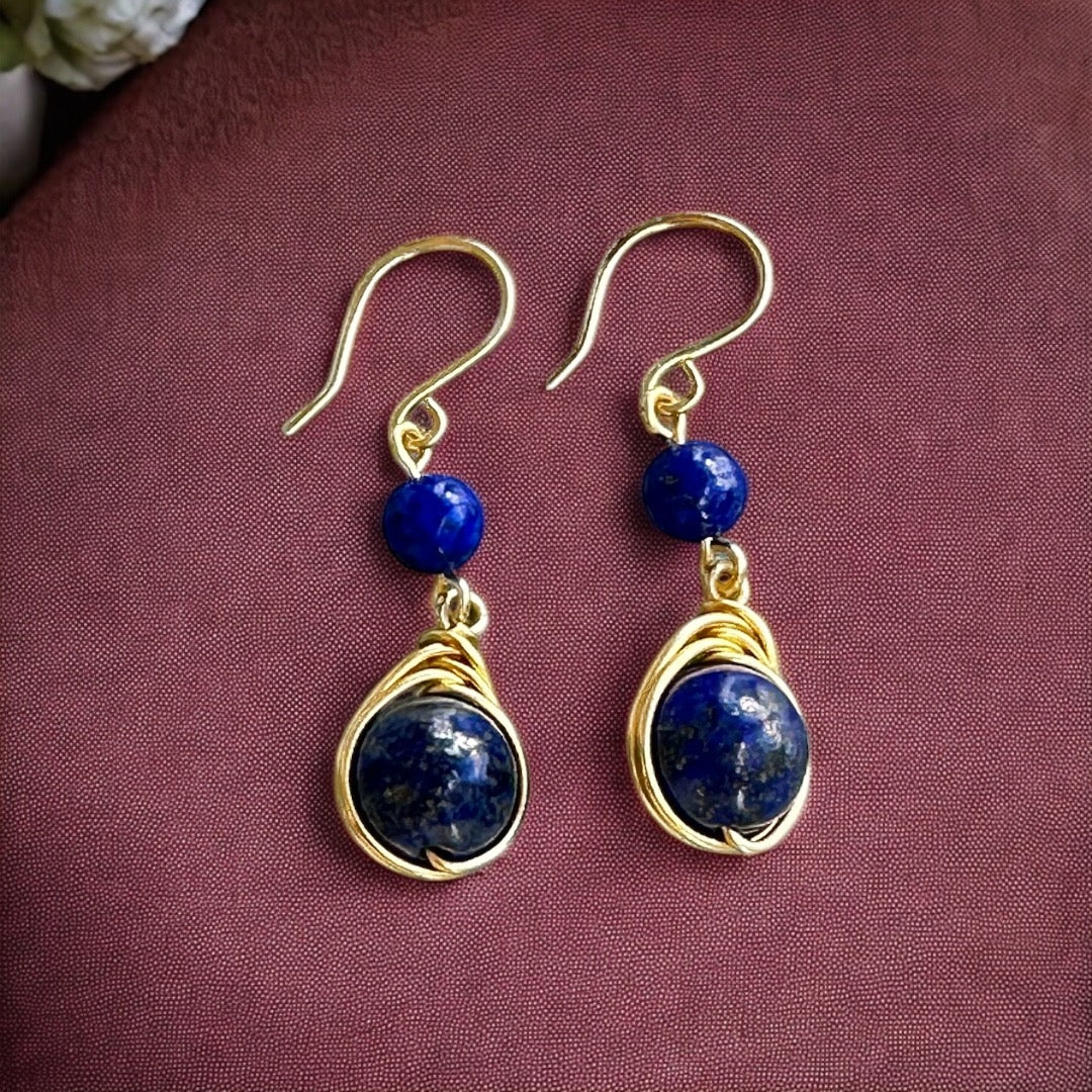 Lapis Natural Stone Silver Wire Wrap Earrings