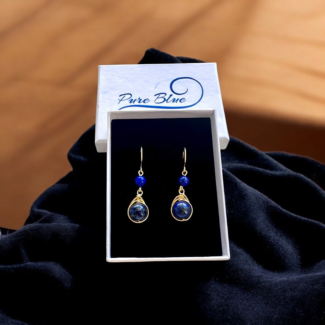 Lapis Natural Stone Silver Wire Wrap Earrings