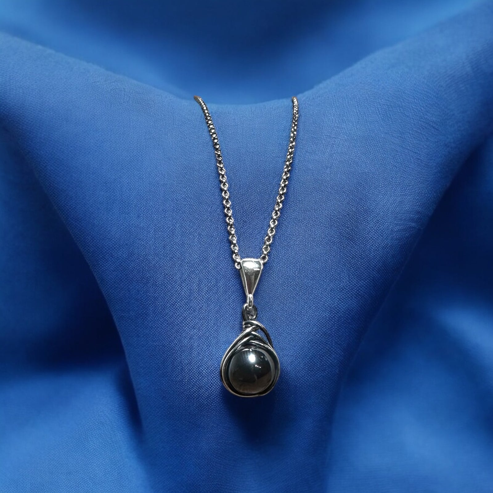 Hematit Doğal Taş Gümüş Tel Sarma Kolye