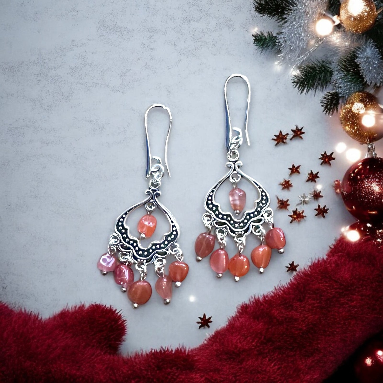 Akik Doğal Taş Gümüş Kaplama Retro Etnik Küpe