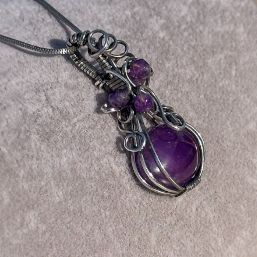 Ametist Oval Kapşon Doğal Taş Gümüş Kolye