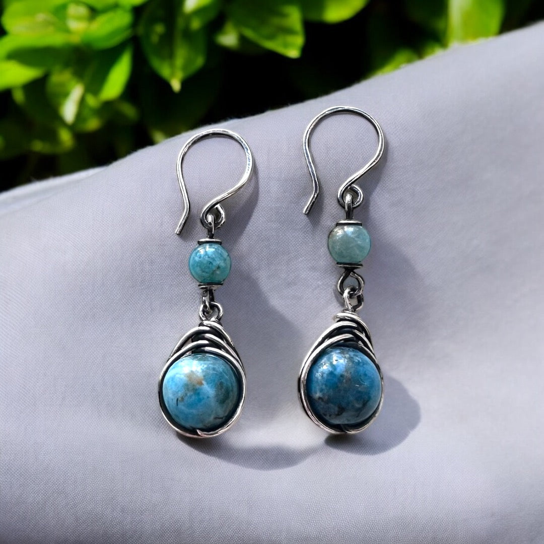 Apatite Natural Stone Silver Wire Wrap Earrings