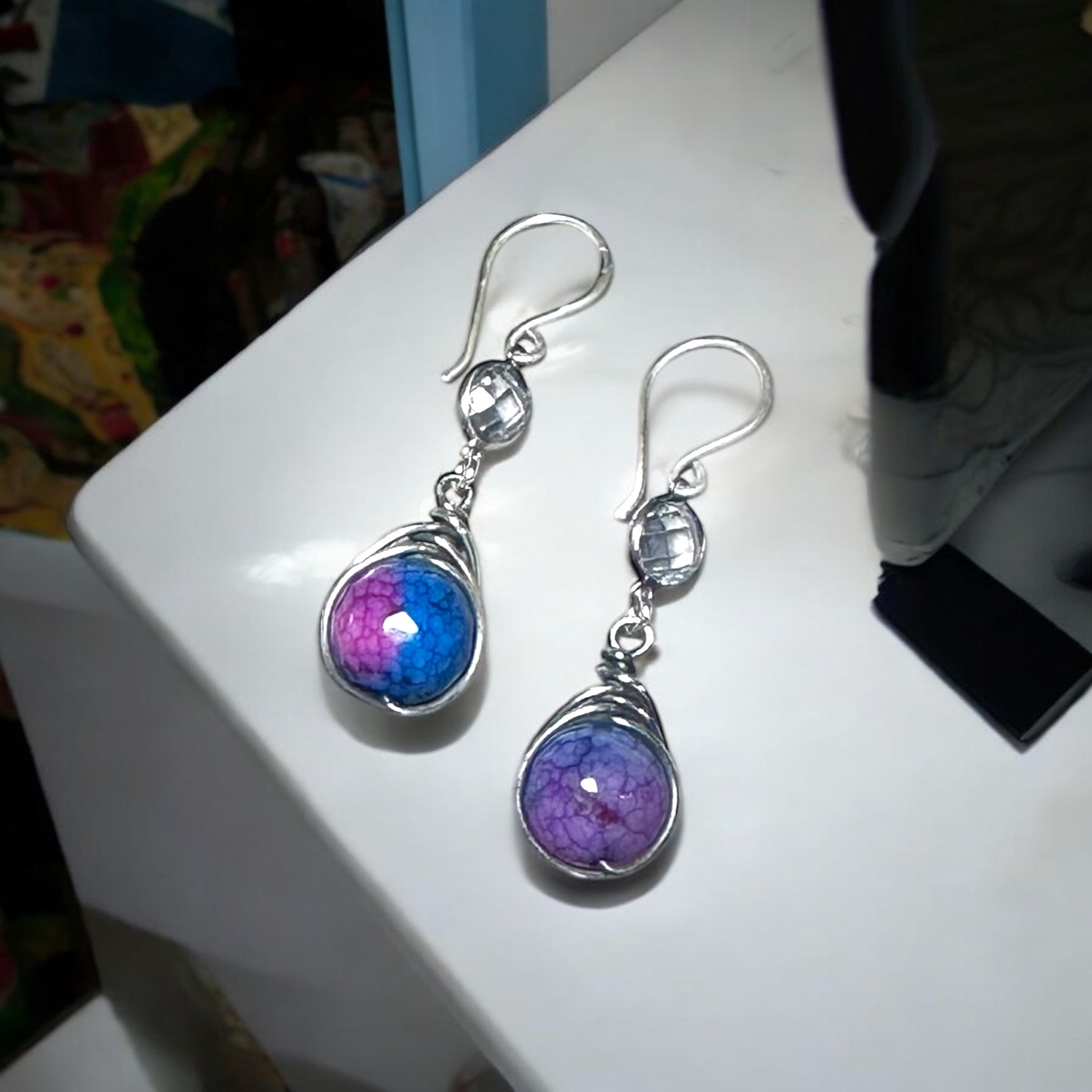 Silver Zircon Stone Agate Earrings