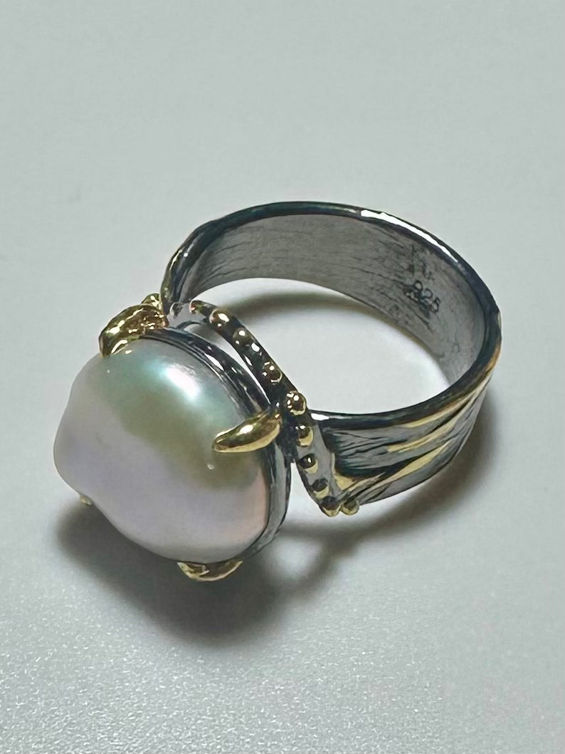 Baroque Pearl Amorphous 925 Sterling Silver Handmade Custom Design Ring