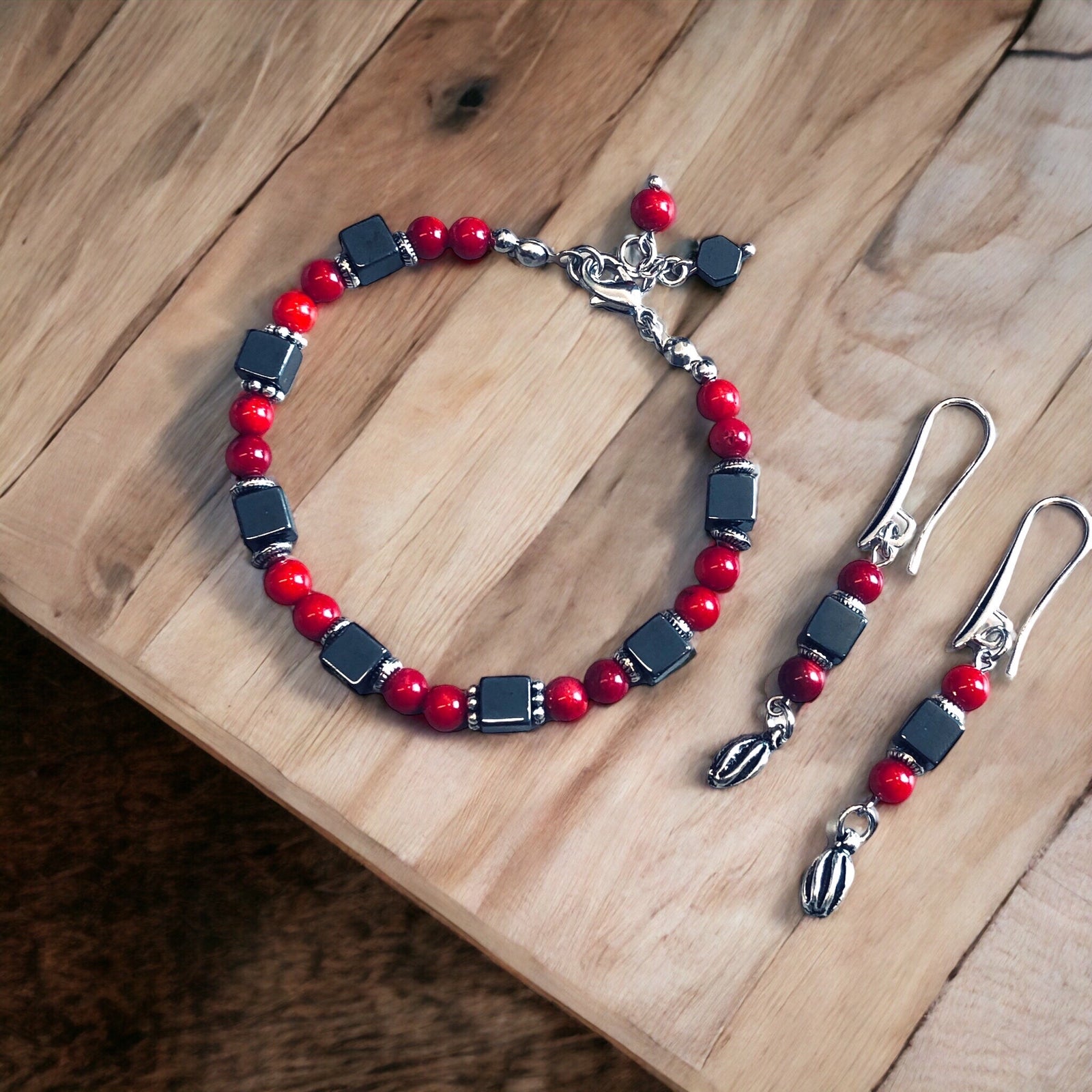 Hematit & Mercan Doğal Taş Bileklik , Küpe