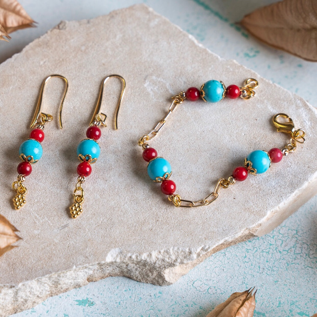 Turkuaz & Kırmızı Mercan Bileklik , Küpe