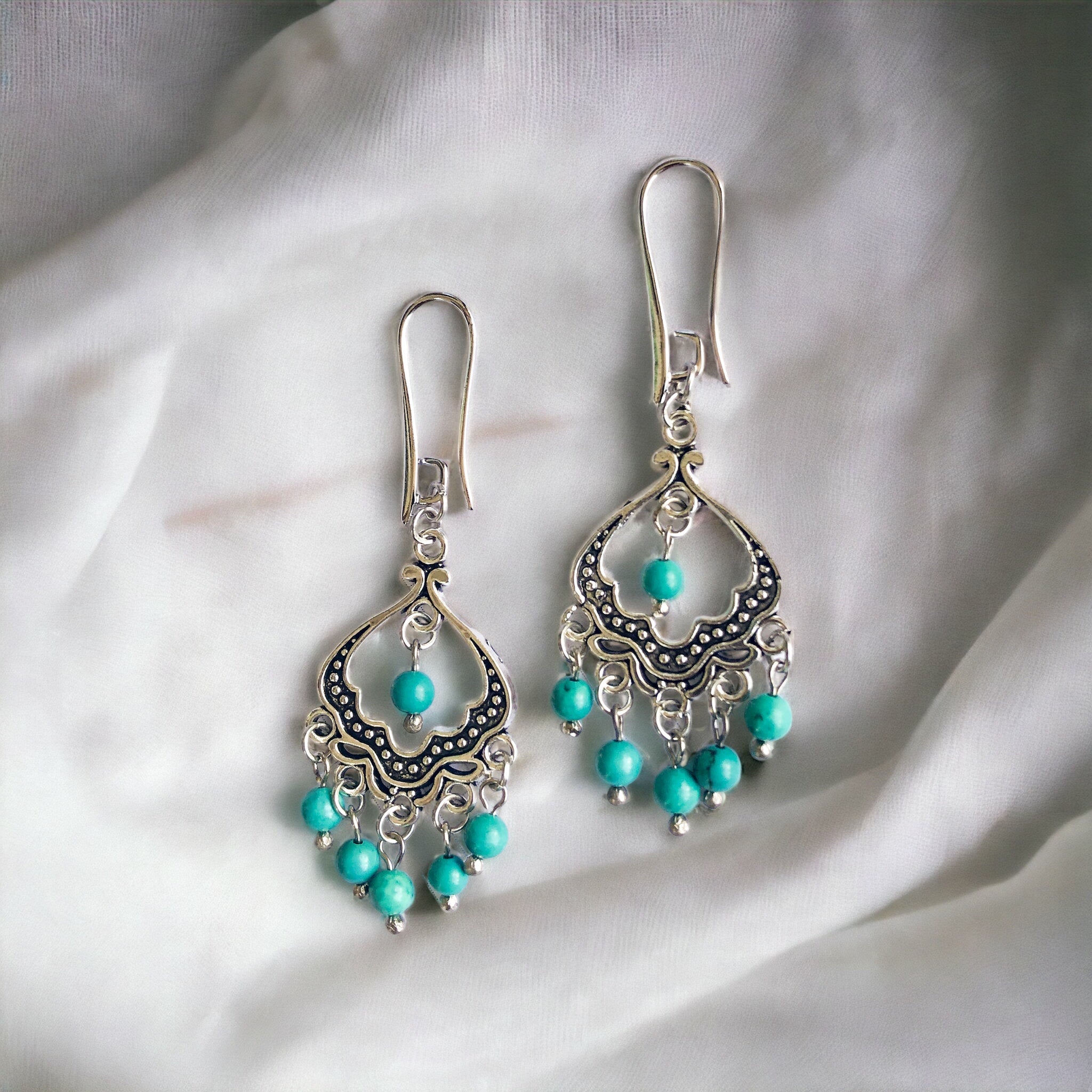 Turkuaz Doğal Taş Retro Etnik Gümüş Kaplama Küpe