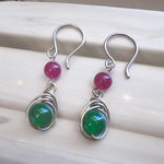 Yeşil Ceyt & Ruby Gümüş Tel Sarma Küpe