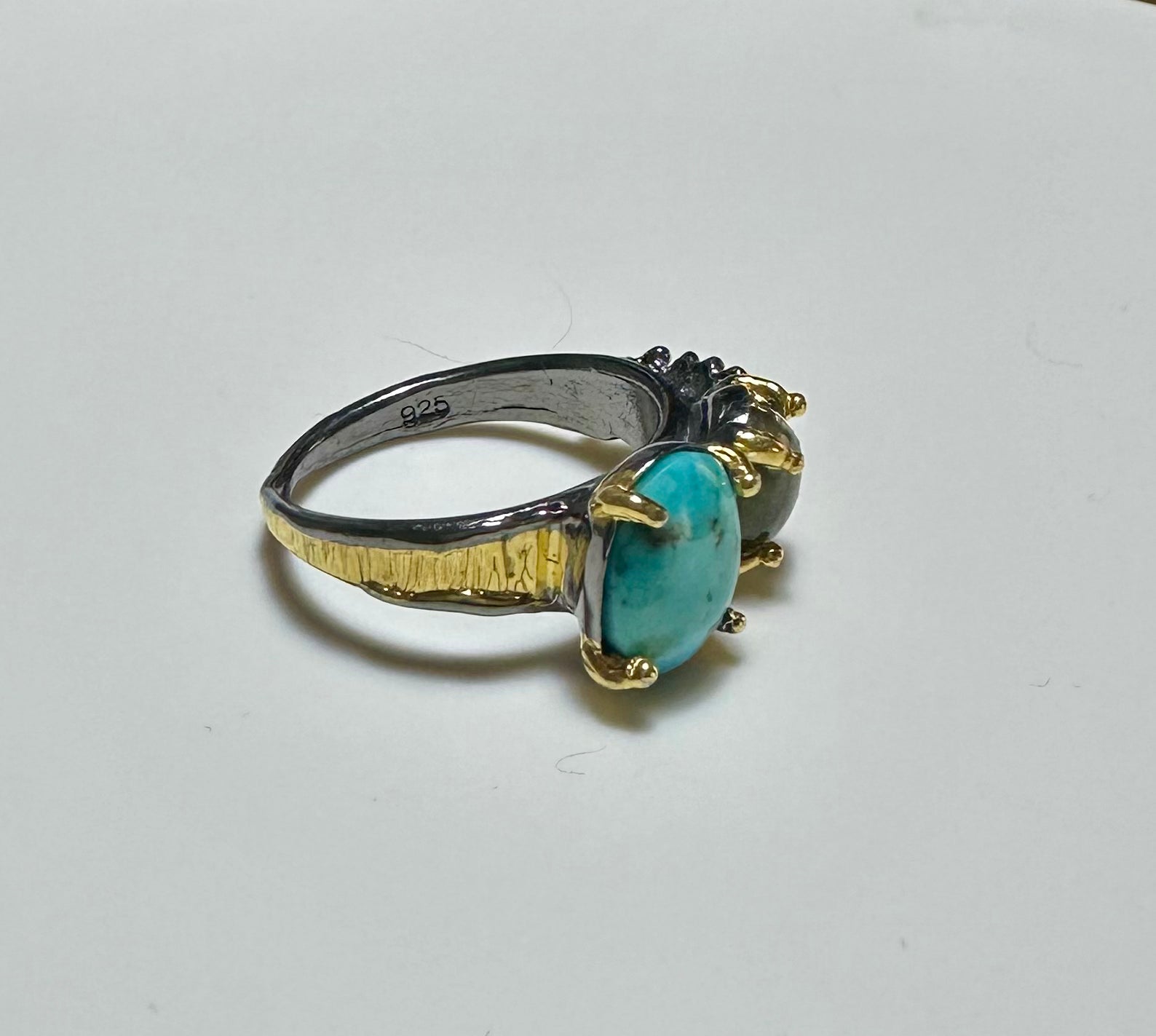 Turquoise & Labradorite 925 Sterling Silver Handmade Special Design Ring