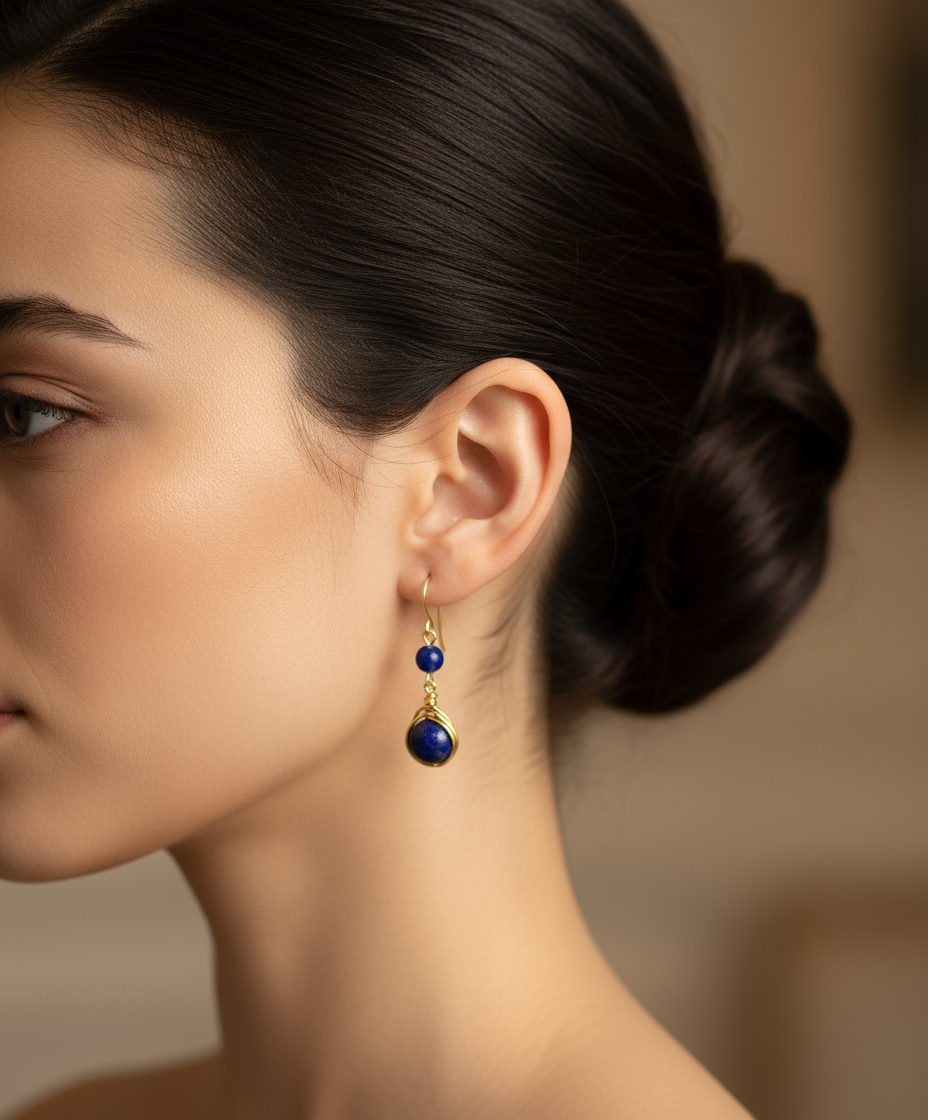 Lapis Doğal Taş Gümüş Tel Sarma Küpe