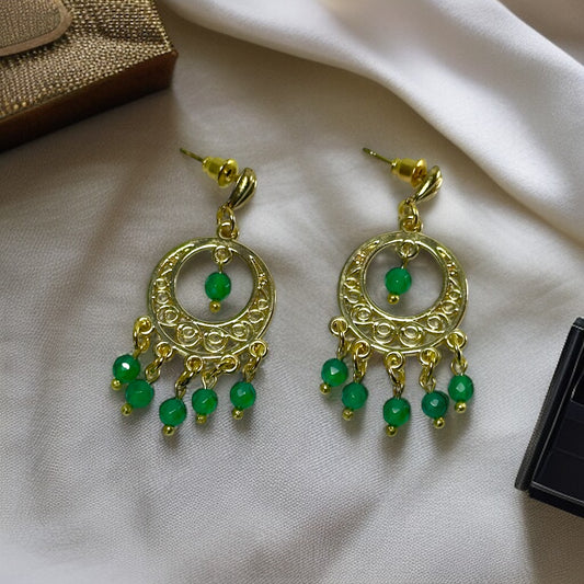 Altın Yaldız Kaplama Retro Etnik Yeşil Akik Doğal Taş Küpe