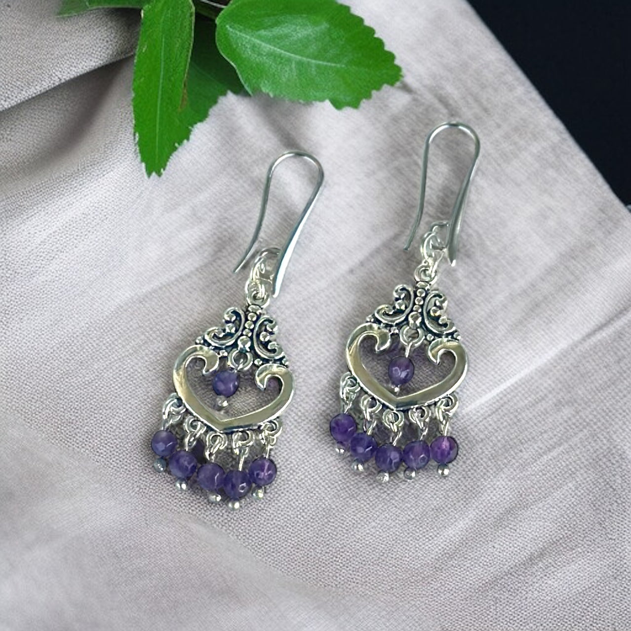 Ametist Doğal Taş Retro Etnik Gümüş Kaplama Küpe